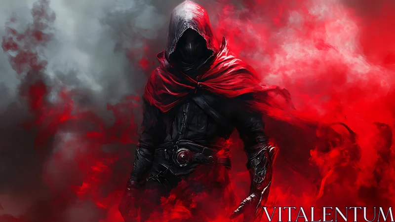 Hooded assassin emerges through swirling crimson smoke.
