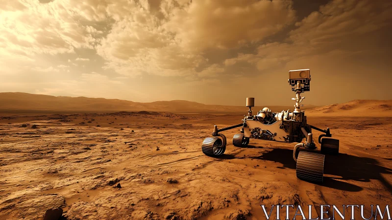Mars rover surveys dusty crater plain under golden sky