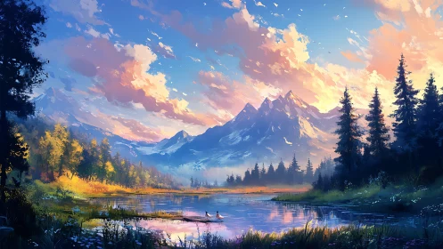 Peaceful mountain lake glowing under a soft sunrise sky.