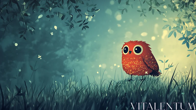 Whimsical red owl in magical forest, digital art illustration.