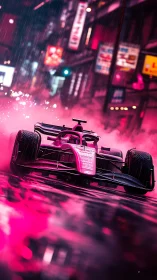 Pink formula race car accelerates through neon city rain