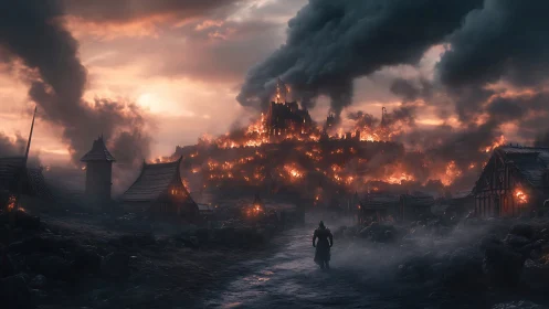 Warrior watches burning fortress under stormlit dusk sky.