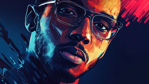 Vibrant cyber portrait captures focused gaze in neon light