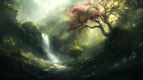 Enchanted Forest Waterfall Valley with Mystical Light