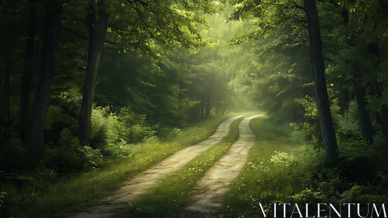 Sunlit Forest Path Through Green Canopy.