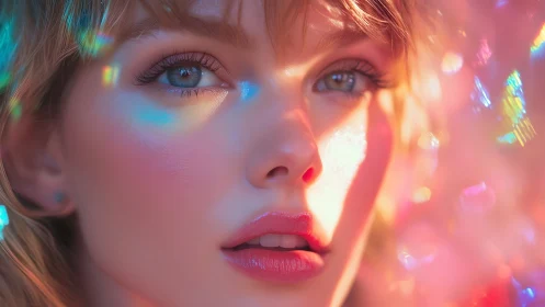 Dreamy close-up portrait glows with iridescent prism light