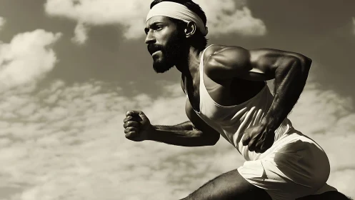 Sprinter powers forward under dramatic cloudy sky.