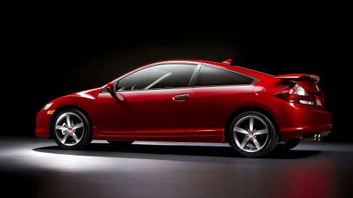 Side profile studio view of red sport compact coupe on black