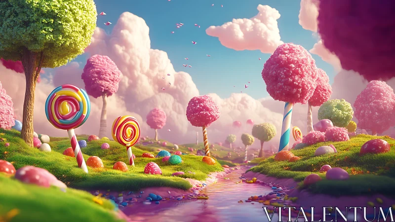 Whimsical Candy Kingdom: 3D Rendered Surreal Landscape with Lollipops and Pastel Clouds.