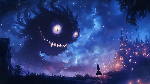 Giant shadow monster looms above glowing fairytale town.