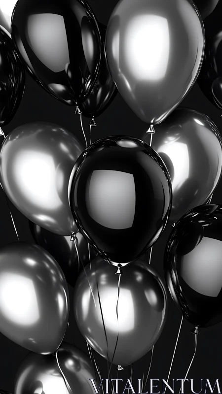 Luminous Metallic Balloons Dance in Elegant Black and White.
