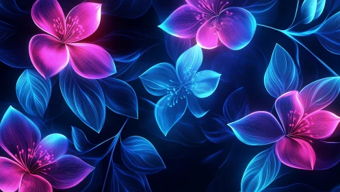 Neon Floral Garden. Digital Abstract Flowers.