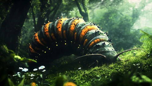 Colossal bioluminescent caterpillar beneath misty forest canopy.