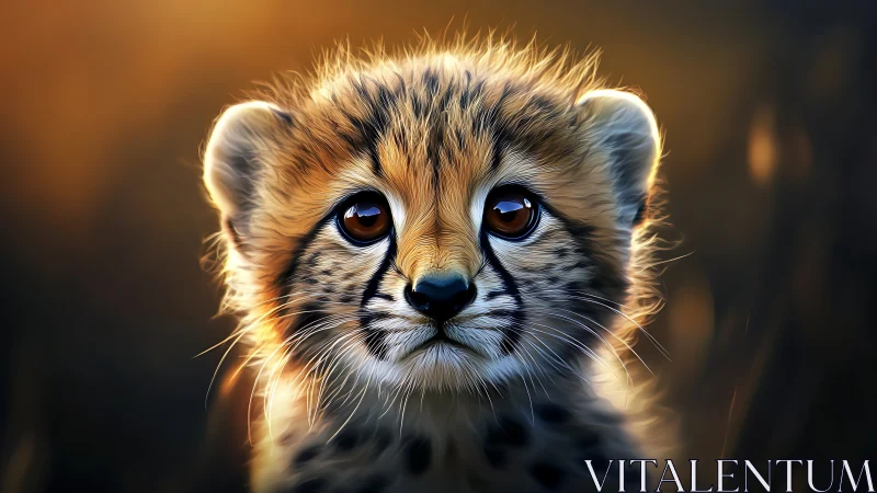 Sunlit cheetah cub gazes wide-eyed into the glowing wild.