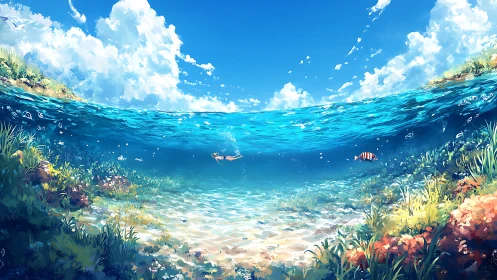 Sunlit swimmer drifts beneath a glass-bright summer sea