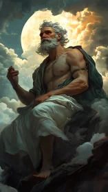 Bearded robed man sits on rocky clouds before bright moon