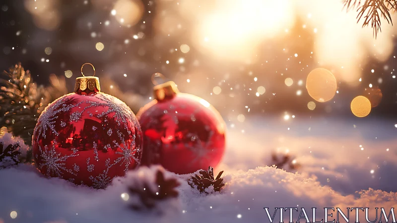 Cozy red Christmas baubles glowing softly in winter snow.