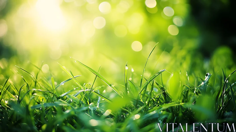 Morning sunlight washes dewy green grass in soft, serene glow
