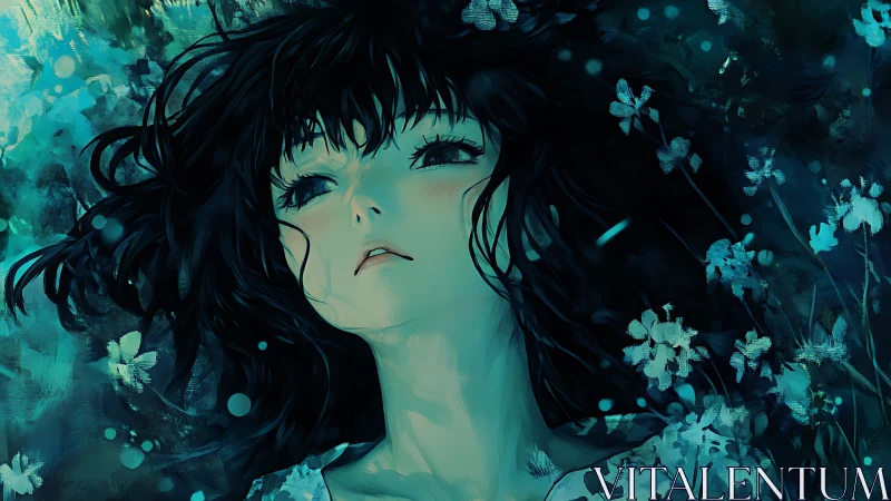 Melancholic girl portrait in teal-tinted, high-contrast anime rendering