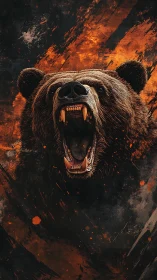 Roaring grizzly bear against molten abstract inferno backdrop.