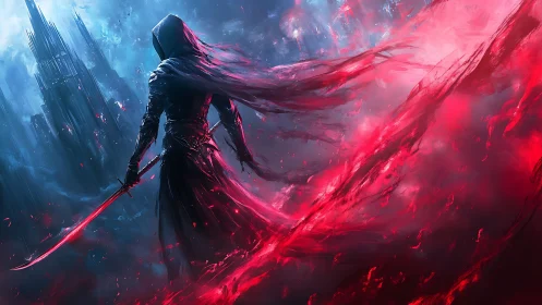 Crimson blade wanderer crossing a storm of living light.