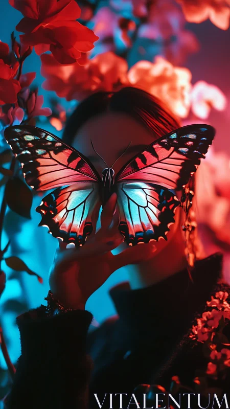 Neon bokeh portrait with iridescent butterfly mask silhouette.
