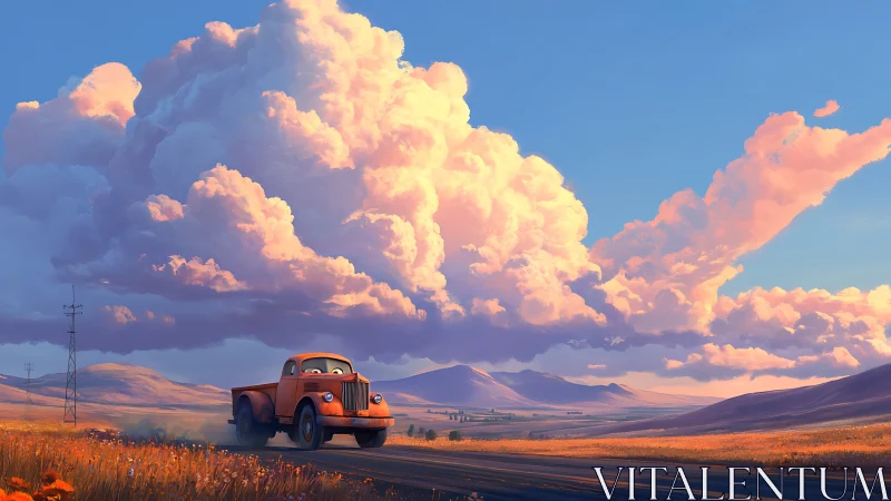 Sunset truck drifts beneath storybook fields of clouds.