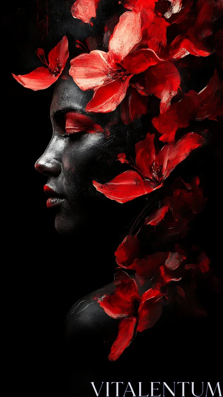 Red petals crown a serene profile in dramatic shadow