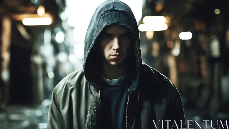 Hooded urban subject in shallow-depth alley illumination study.