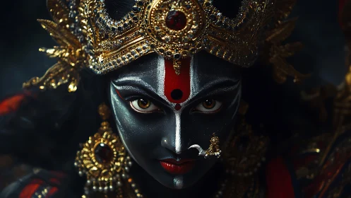 Mystic goddess gaze framed in glowing gold and deep shadow.