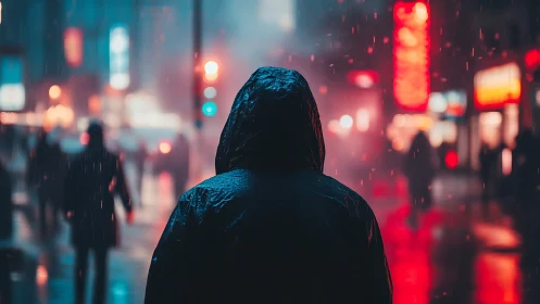 Lone hooded wanderer in a neon soaked rainy night street.