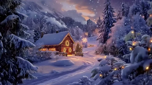 Snowy forest cabin glows with warm holiday lights at dusk