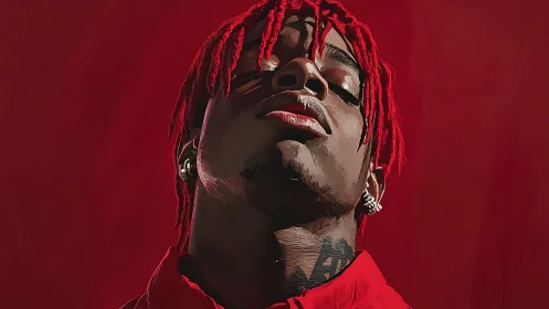 Digital portrait of red‑haired subject in assertive low‑angle pose