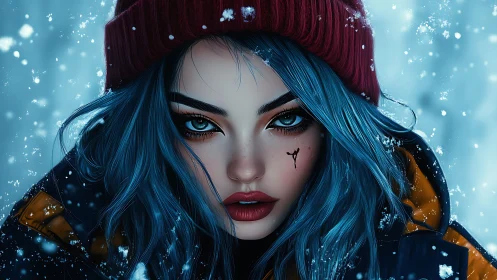 Blue-haired girl in snow with red beanie and scar mark.