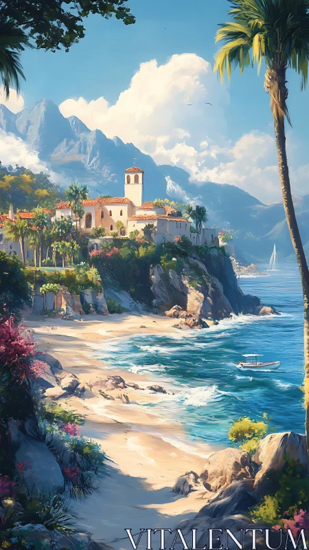 Mediterranean Coastal Villa with Church on Cliff.