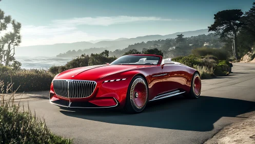 Red luxury concept roadster glides along a scenic coastal road.