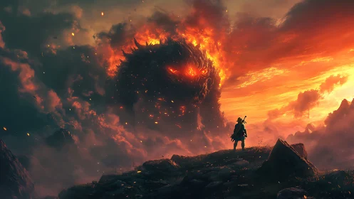 Lone wanderer greets a fiery sky beast at dusk&rsquo;s edge.