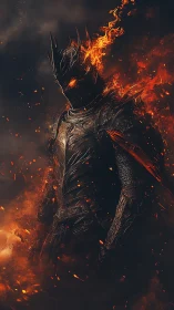 Flaming dark knight in molten inferno armor stands alone.