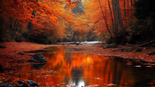 Vibrant Autumn Forest with Reflective River in Warm Sunset Light.