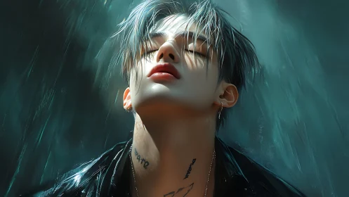 Cinematic digital portrait of rain‑soaked youth in teal light.