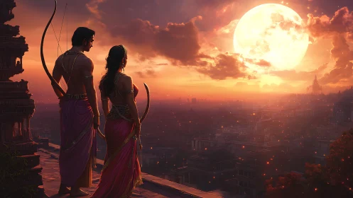 Moonlit warrior couple overlooking ancient Indian cityscape.