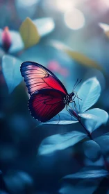 Macro study of red butterfly on cool-toned foliage with shallow bokeh