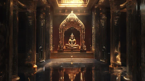 Golden temple hall glows softly around a serene seated statue