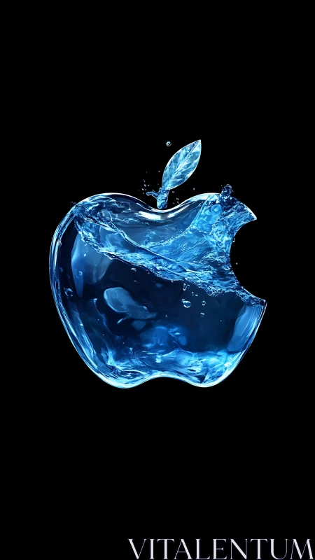 Liquid sapphire apple splash frozen in glossy midnight space.