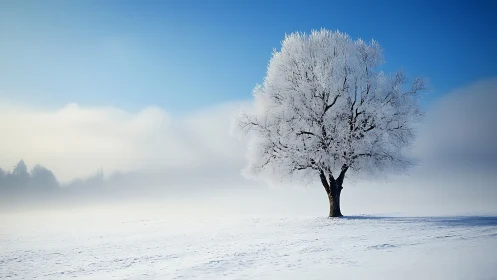 Solitary frost-covered tree in open winter landscape.