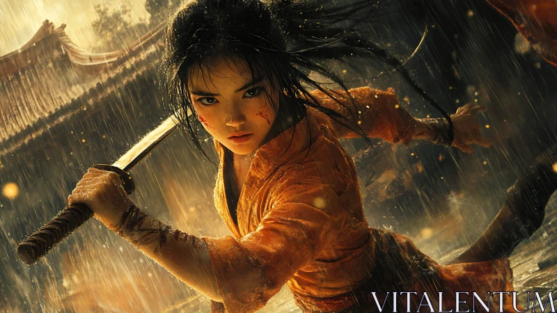 Female warrior with sword in rain-soaked courtyard scene.