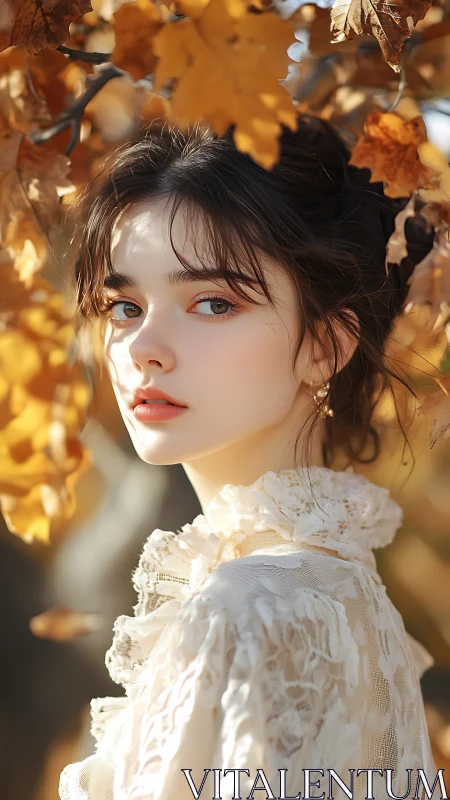 Portrait of young woman among autumn leaves is captured