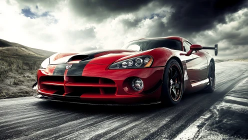 Scarlet track predator storms beneath bruised desert sky.