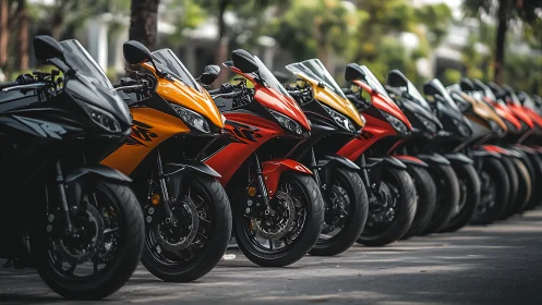 Sport motorcycles line the street in vibrant urban sunlight