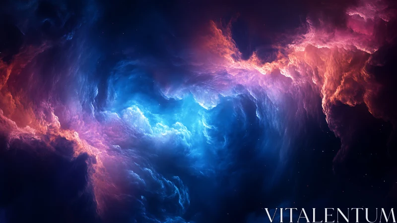 Swirling cosmic nebula glows in vivid blue and magenta light